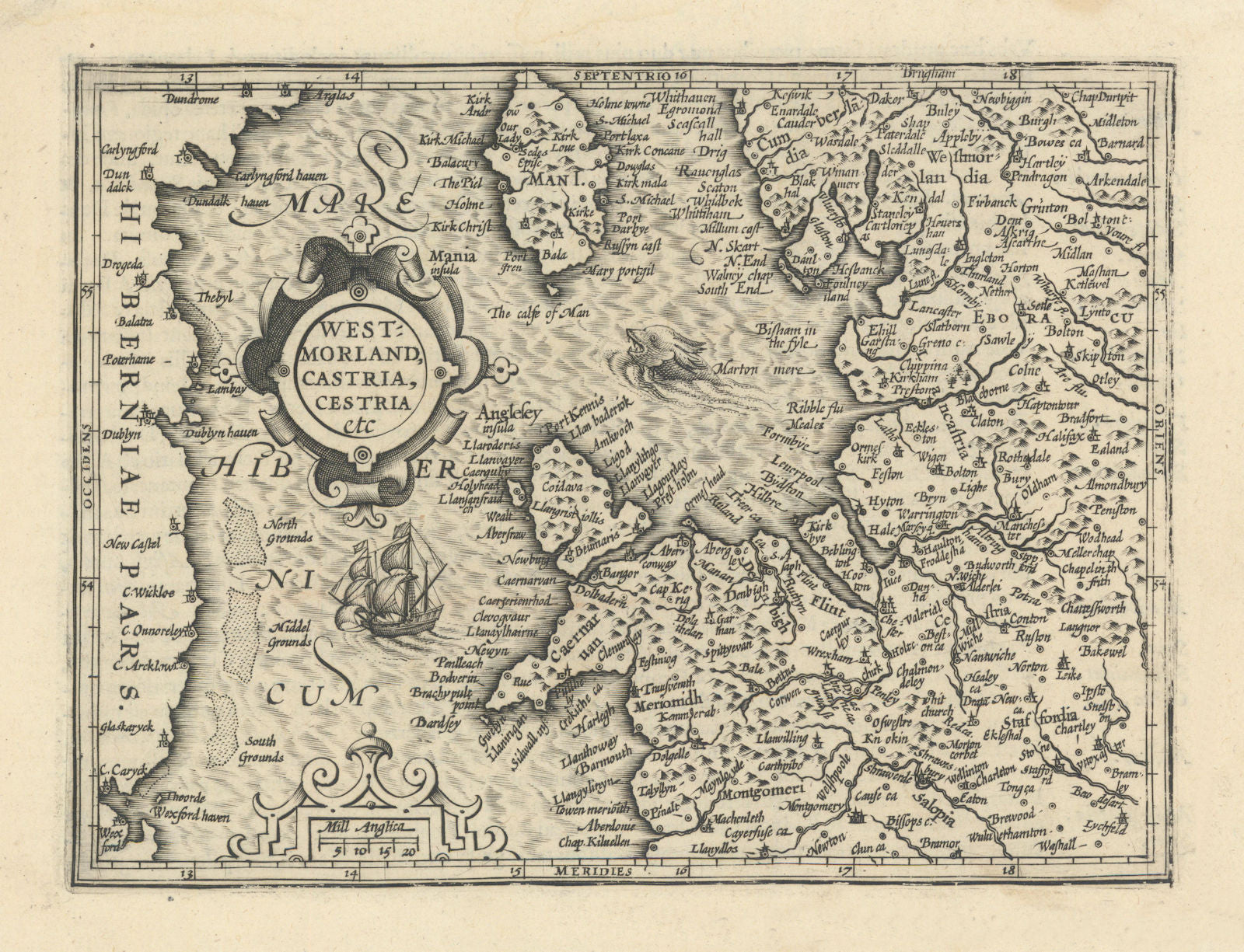 Westmorland, Castria, Cestria by Mercator/Hondius. NW England & Wales 1610 map